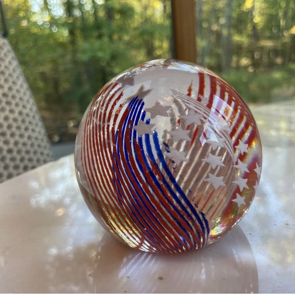 Caithness Hand Blown Art Glass Paperweight Signed #'d Patriotic Stars Stripes